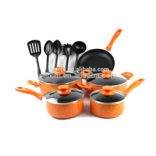 Aluminum 14-Piece Marble Orange Cookware Set- Black Non Stick Interior